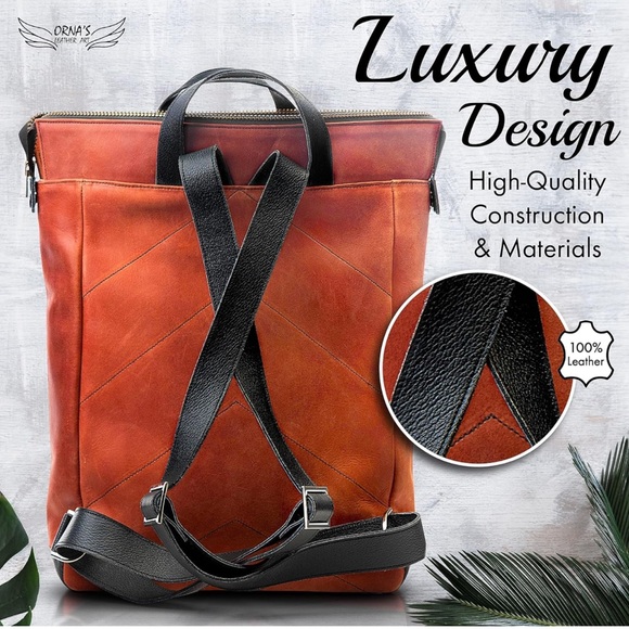 ORNA'S • Red Cognac Leather Backpack Bag Chic Contemporary - Picture 2 of 6